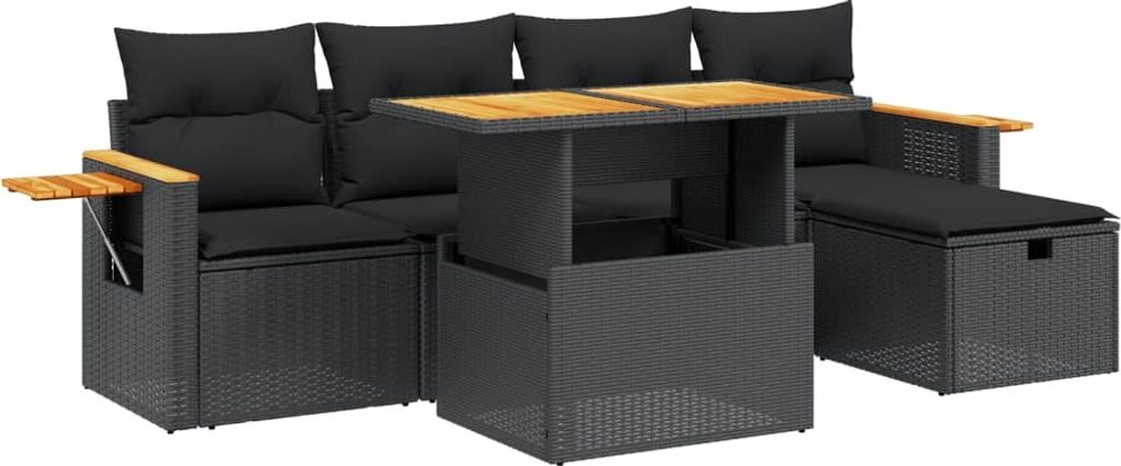 vidaXL 6-tlg. Garten-Sofagarnitur mit Kissen Schwarz Poly Rattan