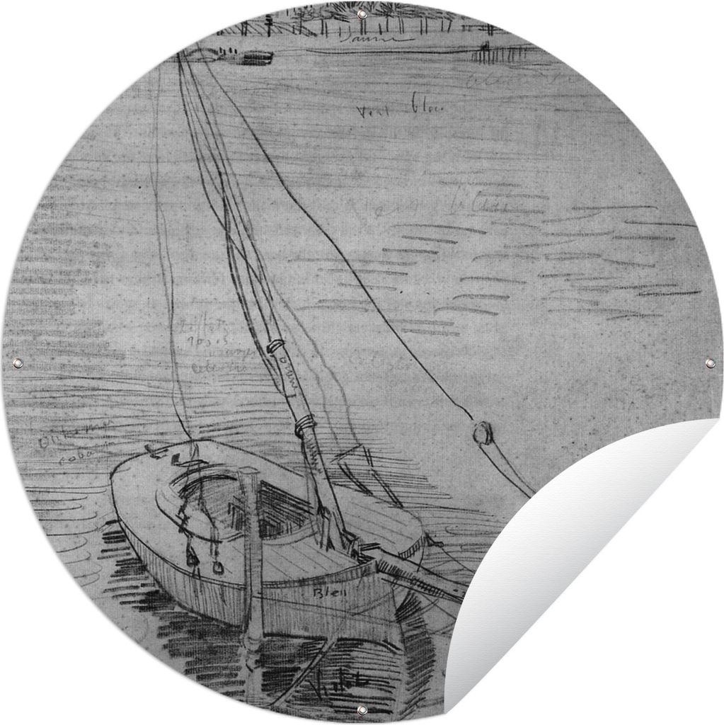 MuchoWow Gartenposter Outdoor-Poster Rund Segelboot auf der Seine bei Asnières - Vincent van Gogh - Schwarz und weiß Ø 150 cm Gartendeko Runde...