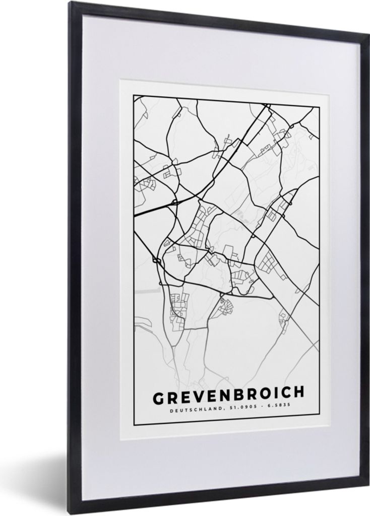 MuchoWow Gerahmtes Poster Grevenbroich - Karte - Stadtplan 40x60 cm - Poster mit Schwarzem Bilderrahmen Wandposter Rahmen Foto Bilder - Poster in...