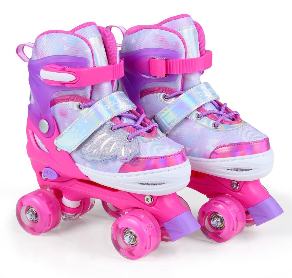 COSTWAY Kinder Rollschuhe Schmetterling mit 4 leuchtenden Rädern, Quad Skates 4 Größen 34-37 verstellbar, Kinderrollschuhe Rollerskates für Kin...
