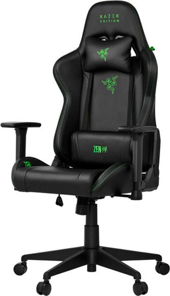 A black gaming chair with green accents and branding.