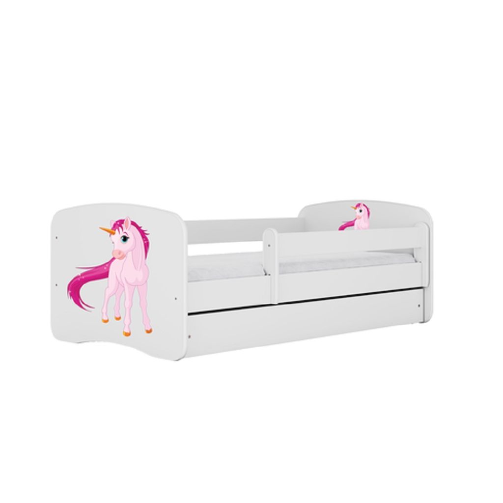 Kinderbett 180x80 mit Rausfallschutz Lattenrost & Schublade in weiß 80 x 180 Mädchen Bett rosa Einhorn 