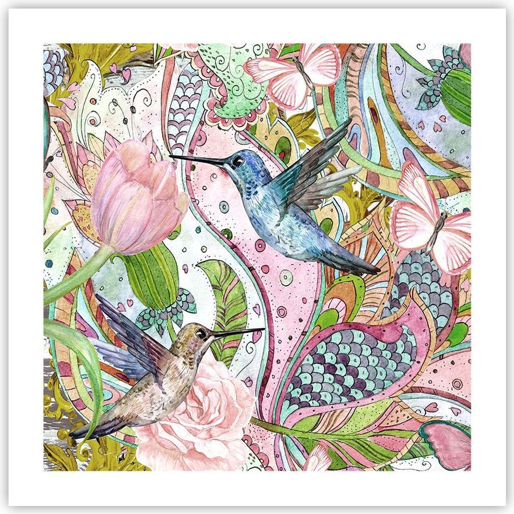 Poster - Poster ohne Rahmen - Vogel Schmetterling Blume - 50x50 cm - Wand Bild - Wanddeko - Wandbilder - Kunstposter - Wandposter - Bilder - Kunstd...