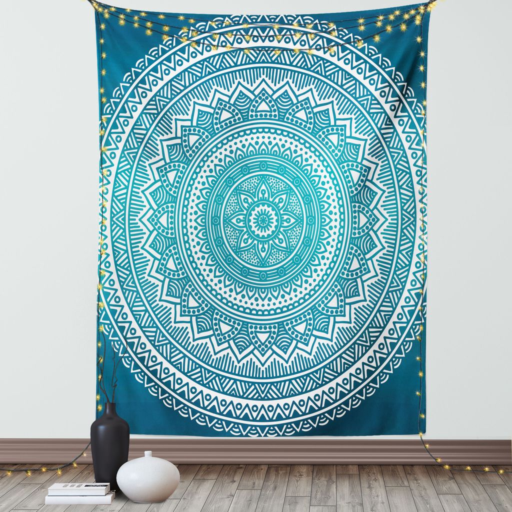 ABAKUHAUS Turquoise Ombre Wandteppich, Blumen Inspiriertes Dreiecken Geometrische Motiven Illustration, Wohnzimmer Schlafzimmer Seidiger Satin Wand...
