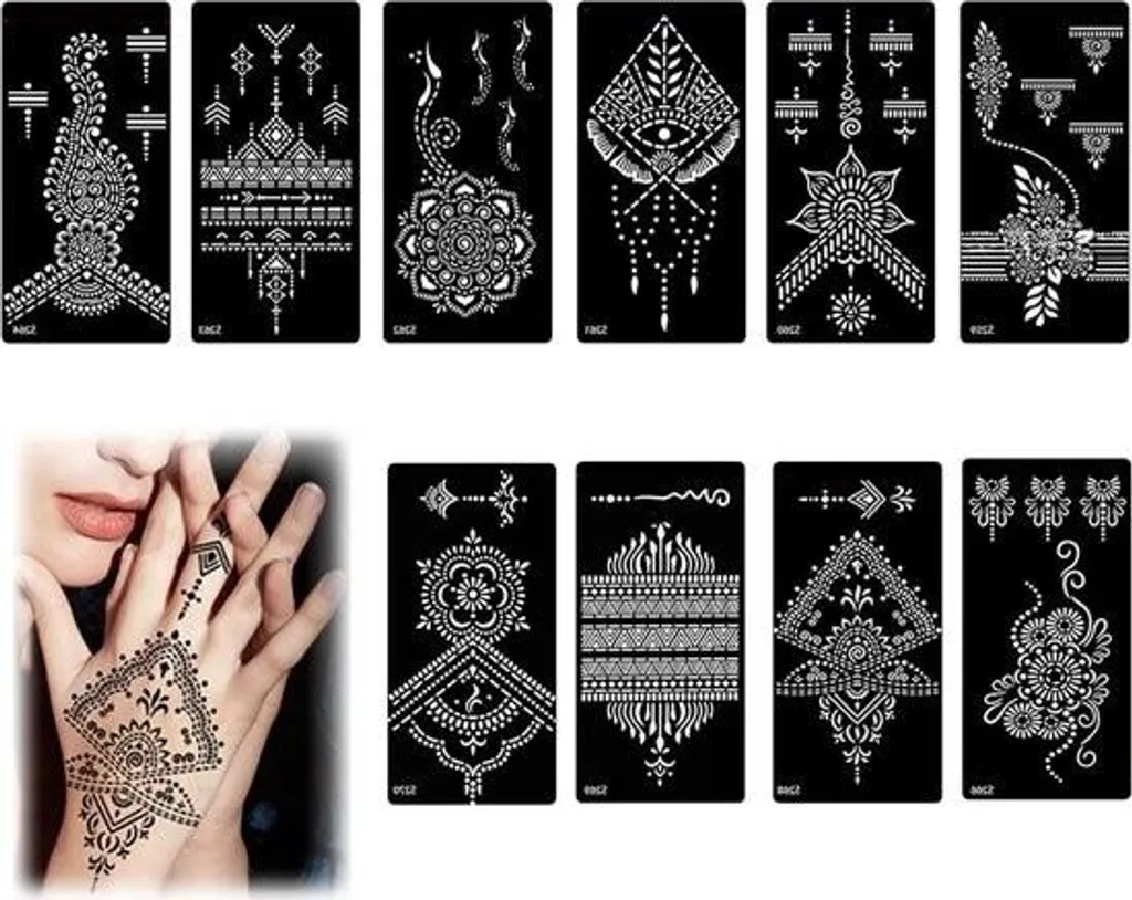 Kit de 10 pochoirs de tatouage au henné réutilisables pour mains et corps