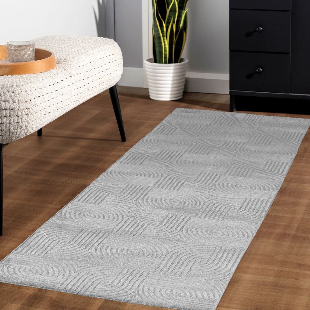 Wohnteppich Hoch-Tief 3D Modern Waschbar Strapazierfähig | Läufer Silber 80x250 cm Wohnzimmer Schnelltrocknend | ILLER – Kadima Design