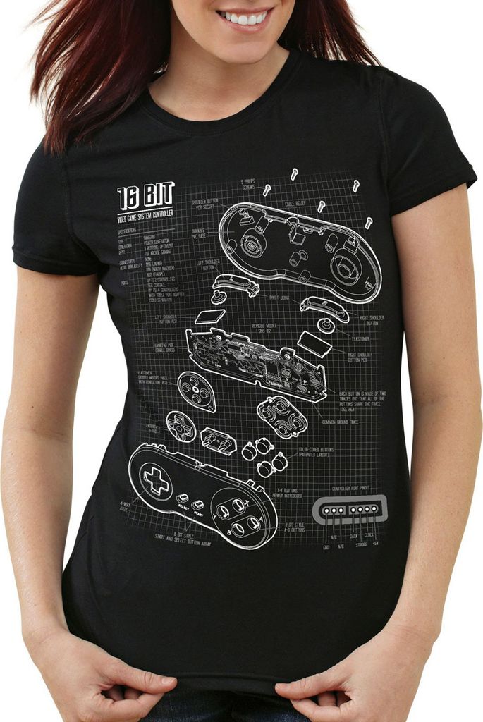 style3 SNES Controller Blaupause Damen T-Shirt 16-Bit Videospiel, Farbe:Schwarz, Größe:XL