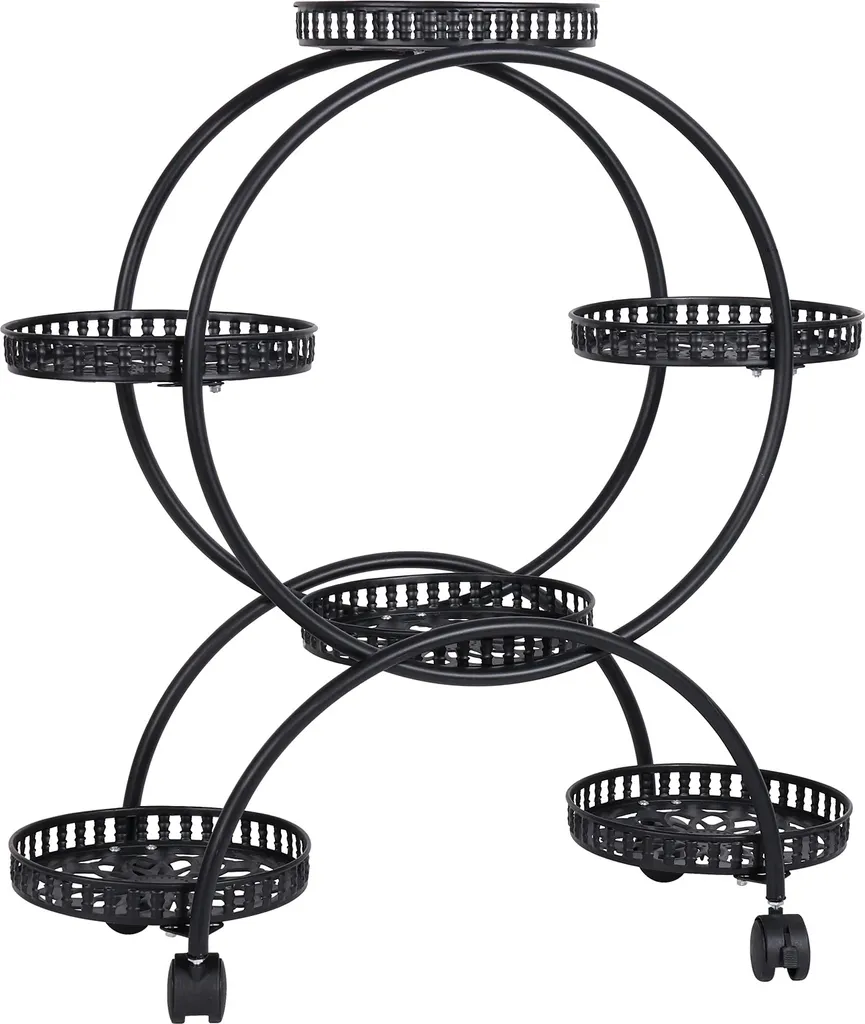 Support de plantes à roulettes en métal noir 6 pots, chariot robuste
