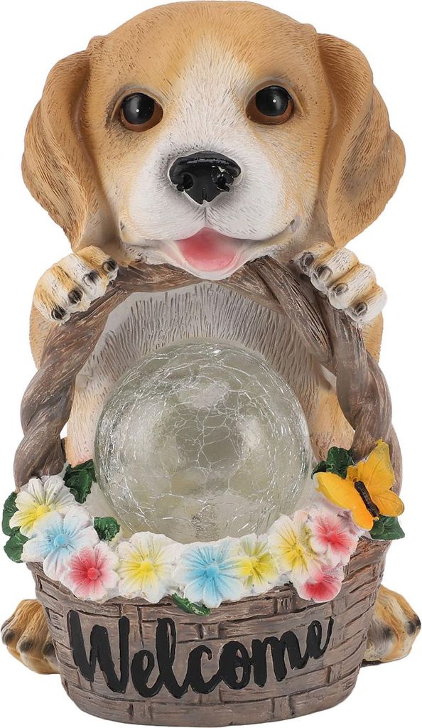 Solarbetriebene LED-Licht Hund Statue Dekoration Solarbetriebener Welpe Hund mit Blumenkorb für Außen Hof Rasen Dekoration Weihnachten Geschenk W...