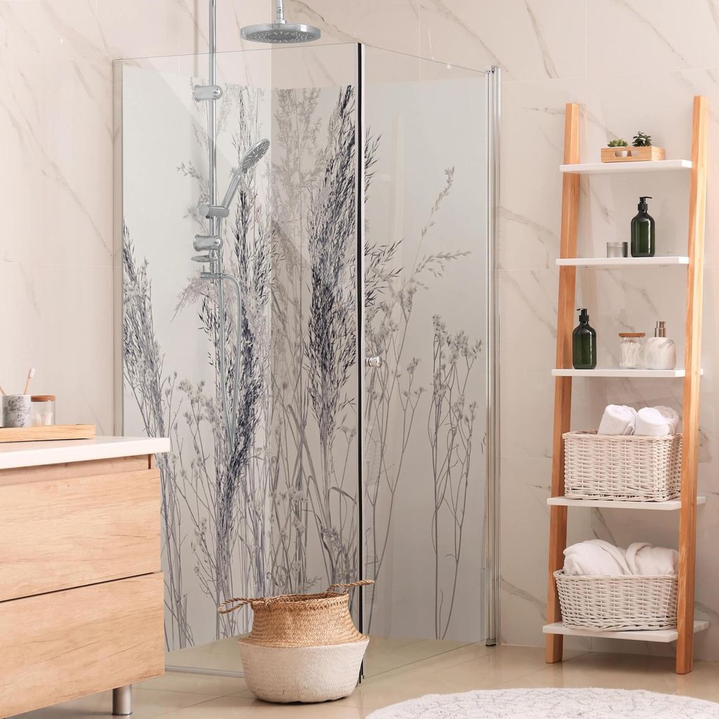 Duschrückwand mit Motiv selbstklebend - 0.61 mm Wandpaneel wasserfest Gräser grau Landhaus Badrückwand fugenlos Premium matt 80x200 cm