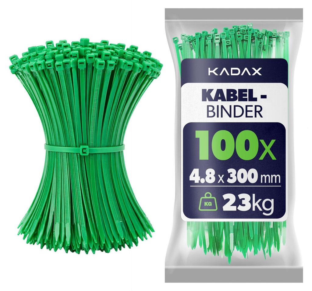 KADAX Kabelbinder 300mm x 4.8mm Grün - 100er Set, Nylon Kabel Binder mit 22kg Zugkraft für sicheres Kabelmanagement im Haushalt, Garten, Werkstat...