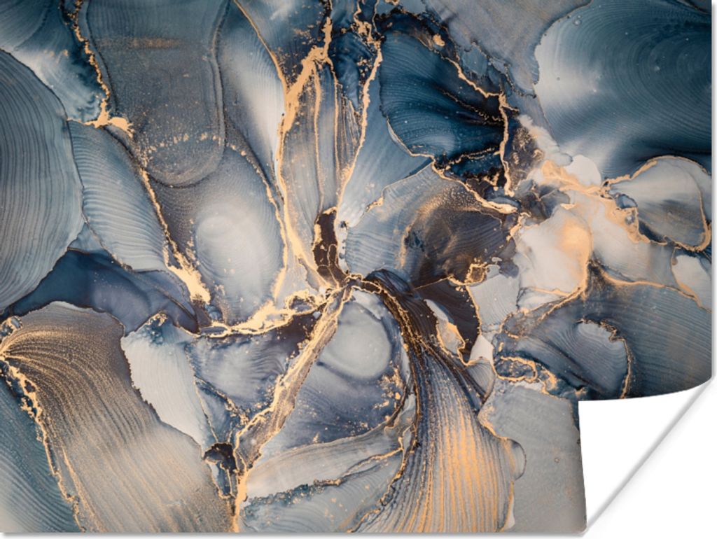 MuchoWow Poster Marmor - Grau - Blau - Luxus - Gold 80x60 cm - Kunst für zu Hause