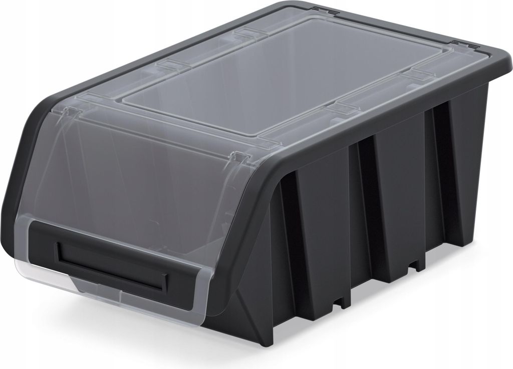 A black storage bin with a clear lid and front opening, shown from a slightly elevated side angle on a white background.