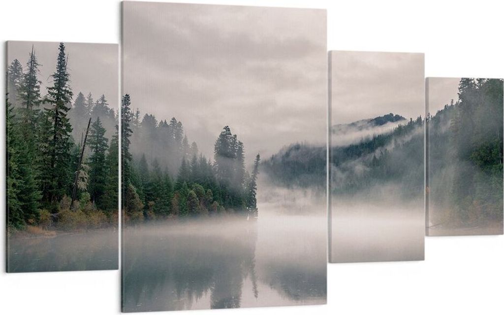 Bild auf Leinwand - Leinwandbild - 4 Teile - Reflexion Nebel Landschaft - 160x90cm - Wand Bild - Wanddeko - Wandbilder - Leinwanddruck - Bilder - W...