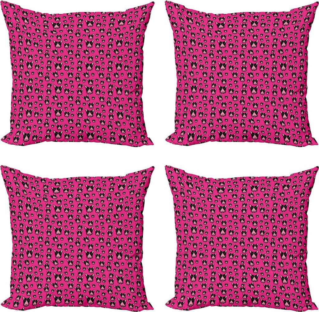 ABAKUHAUS Hunde Kissenbezug Set (4 Stück), Bullterrier-Hundeköpfe auf Rosa, Moderner Doppelseitiger Digitaldruck, 45 cm x 45 cm, Hot Pink Schwarz