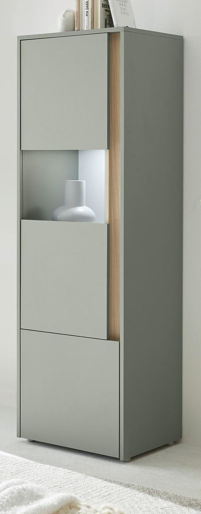 Vitrine "Center" in Salbei Grün mit Eiche, Vitrinenschrank 50 x 155 cm