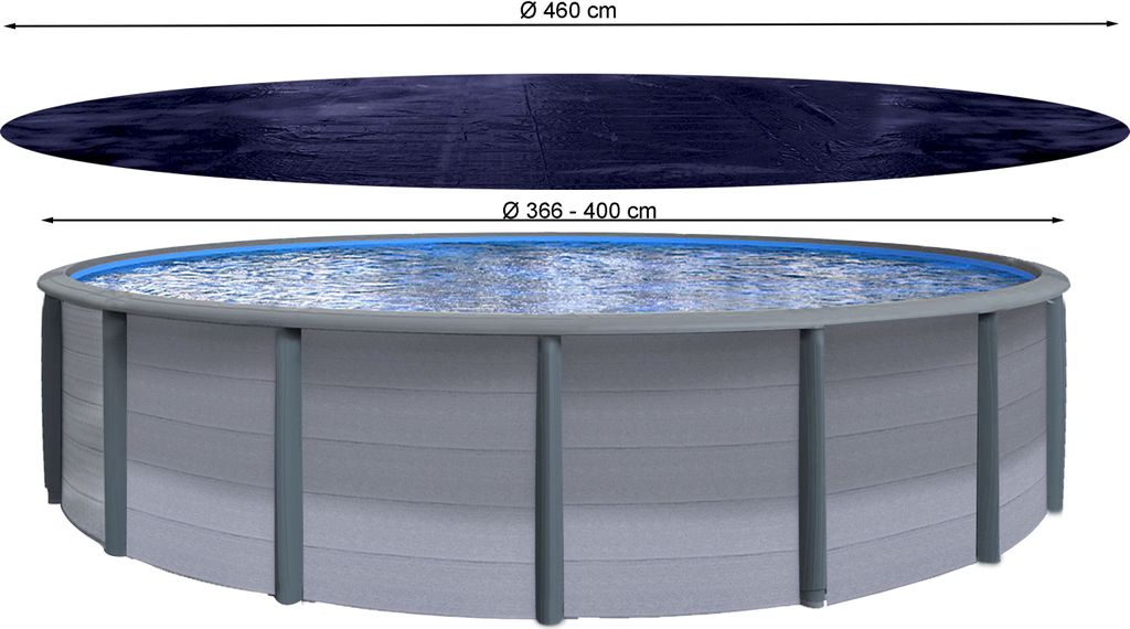 A solar cover and a pool are shown with dimensions indicated.