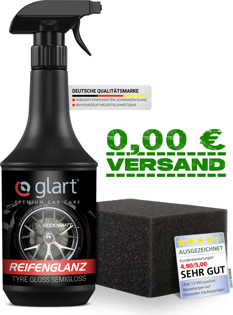 Glart 451RK Spray lucidante per pneumatici 1000 ml con spugna - finitura opaca e setosa - cura degli pneumatici con protezione UV - nero rinfrescante - per auto, camper, moto - per gomma e plastica