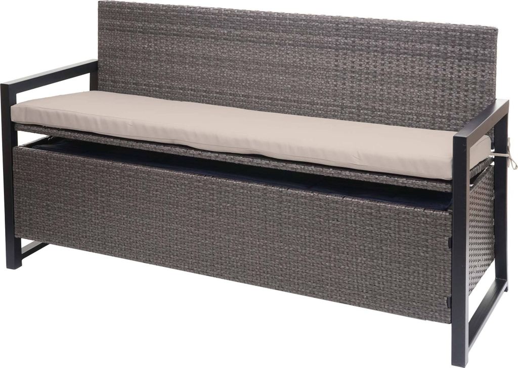 A poly-rattan bench with a storage compartment and a beige cushion, shown from the front on a white background.
