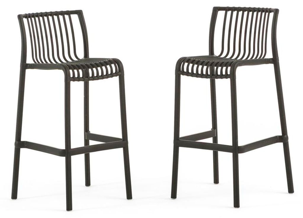 Set aus 2 Outdoor-Barhockern, stapelbar aus Polypropylen, Bambus-Design für Garten, Terrasse, Bar und Restaurant – Olimpia XL/Schwarz