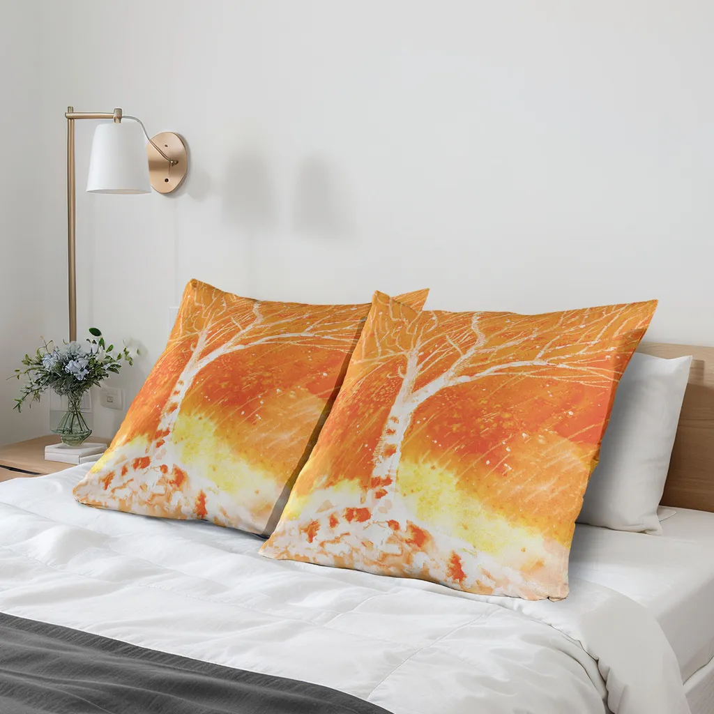 ABAKUHAUS Federa per cuscino Fall-Baum Confezione da 2, Cupo dipinto originale disegnato a mano con betulle e pioggia che cade su uno spazio vitale dai colori nebbiosi, Federa per cuscino decorativa stampata, 80x80 cm, arancione - 2