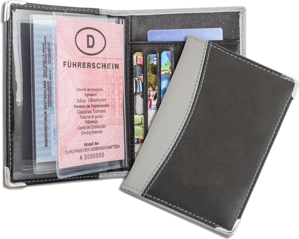 Ausweistasche / KFZ Schein Schutzhülle / viele Fächer / Farbe: schwarz-grau