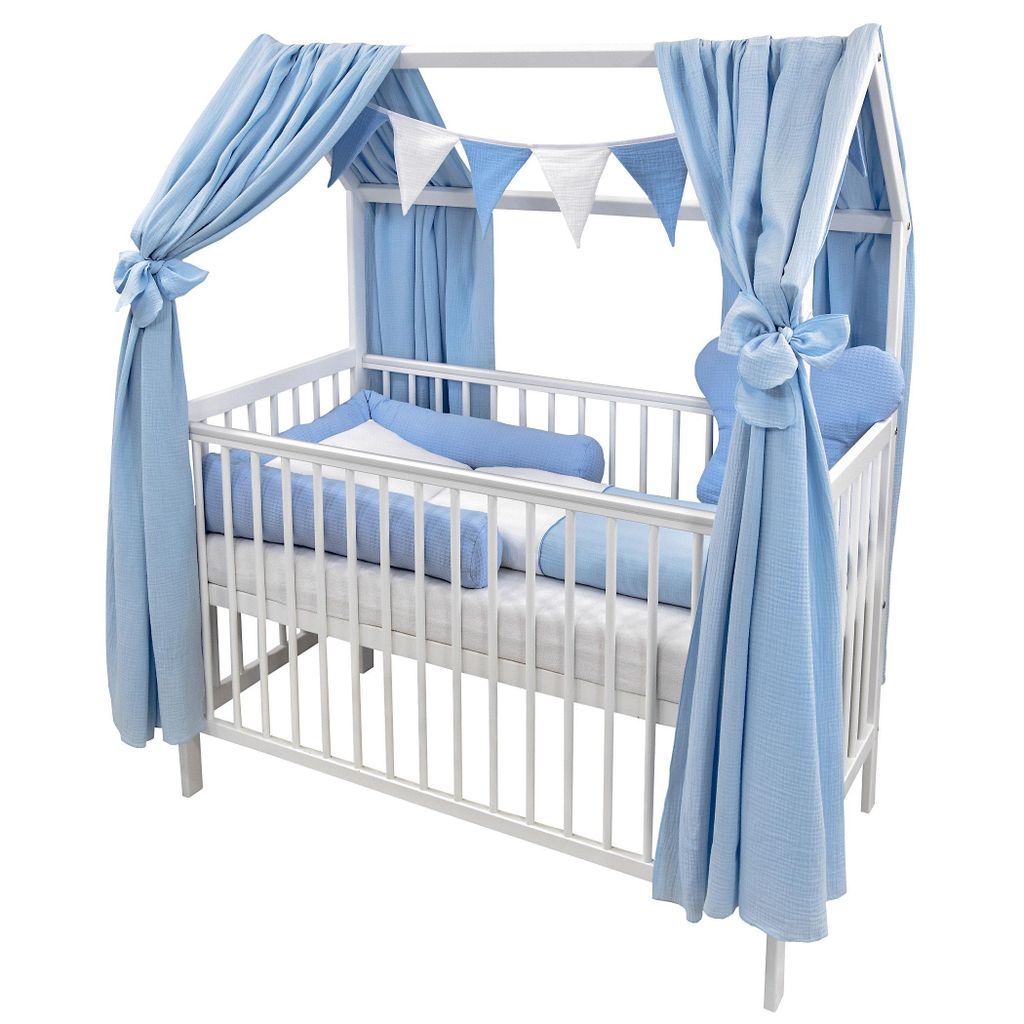 Baby-Delux Hausbett Kinderbett Gitterbett weiß 60x120 Beißschienen Matratze Bett Set Waffelpique Musselin Blau
