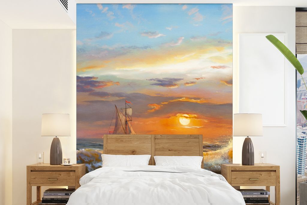 MuchoWow Fototapete für Wohnzimmer oder Schlafzimmer Wandtapete Vinyl Motivtapete Malerei - Wasser - Segelboot - Ölfarbe - 205x280 cm - Wandbild