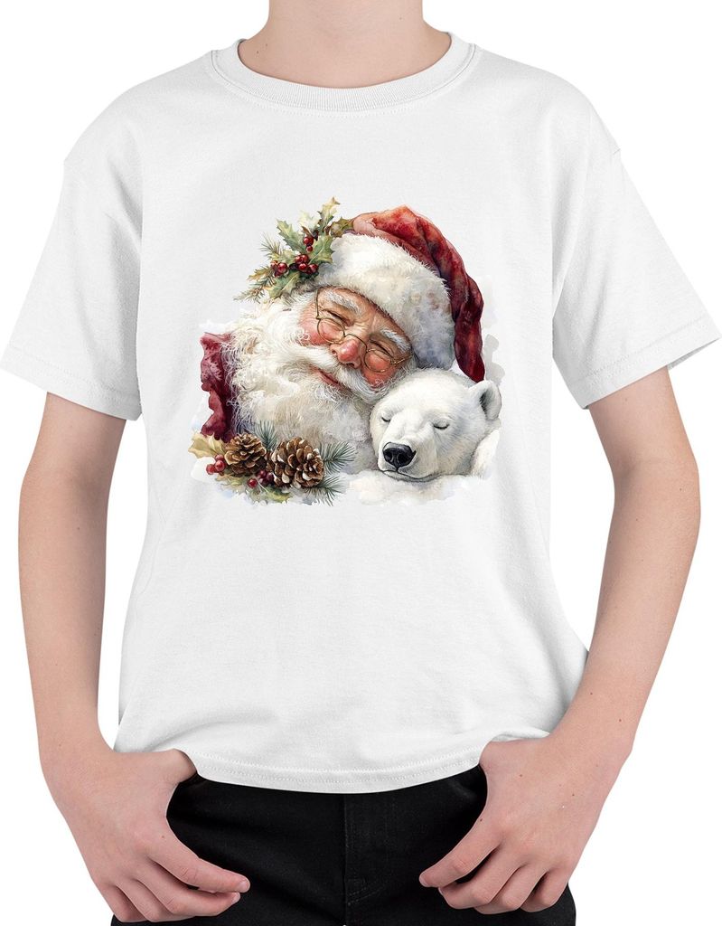 Weihnachtsmann Eisbär Tannenzapfen Weihnachten Aquarell Vintage Uni Kinder T-Shirt, Weiß, 140