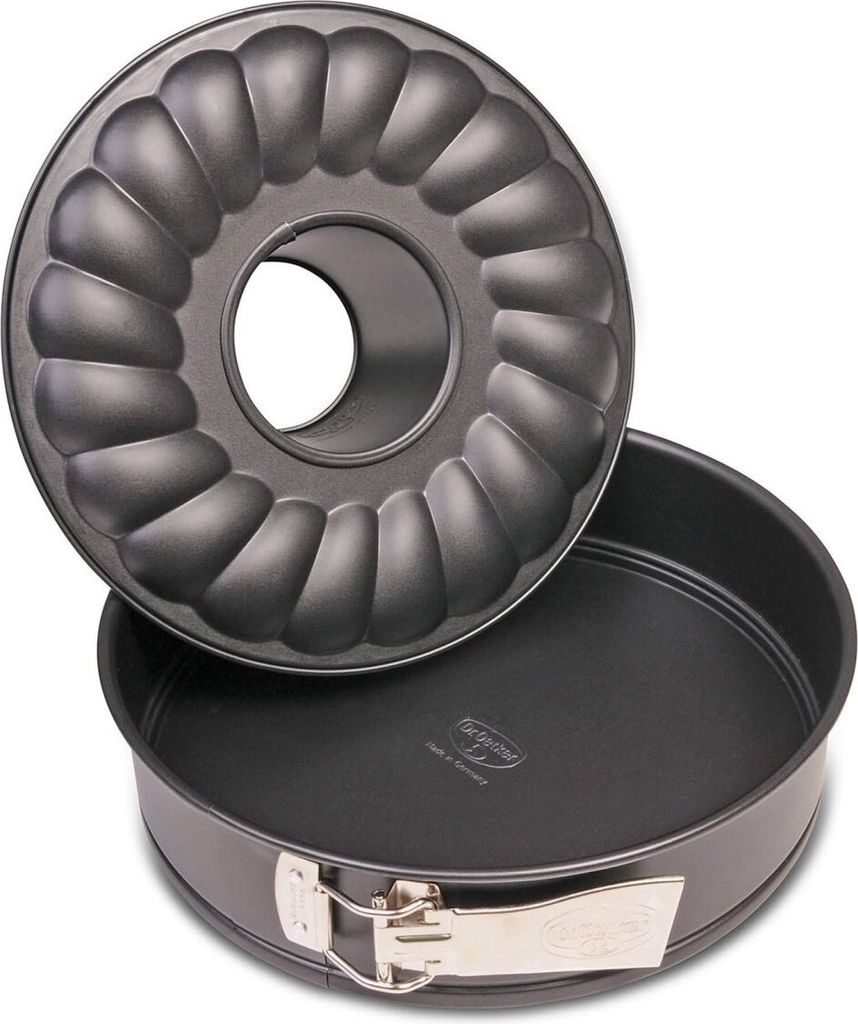 Dr. Oetker Springform mit Flach- und Rohrboden Ø 28 cm, Kuchenform aus Stahl mit Antihaftbeschichtung, Backform aus veredeltem Schwarzblech