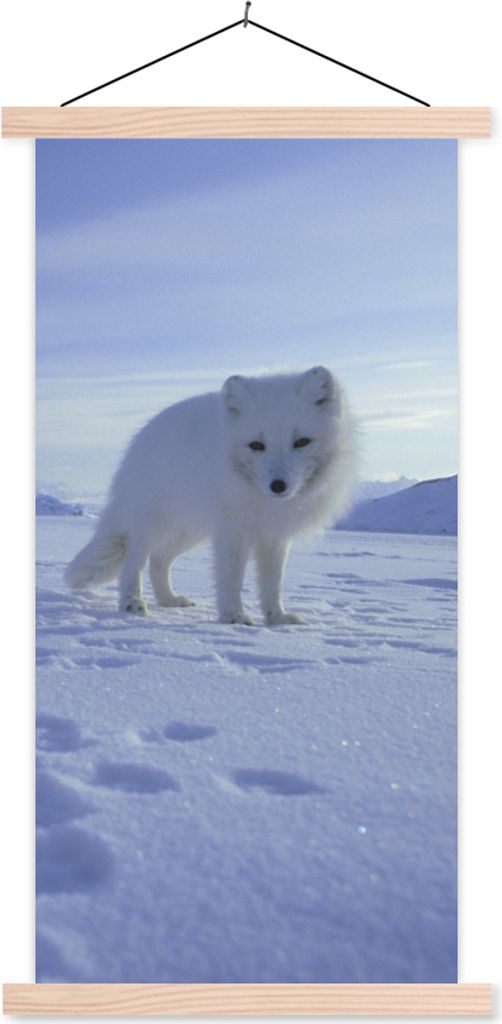 MuchoWow Textilposter Fuchs - Schnee - Berge 60x120 cm mit holzfarbenen Rahmen - Holz