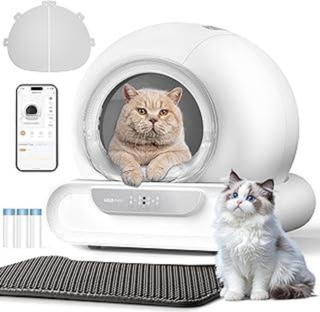 Selbstreinigende Katzentoilette, 74L Katzenklo Selbstreinigend mit Türvorhang, Müllbeutel, Matte, APP Steuerung, Desodorieren, Sicher, Elektrisch...