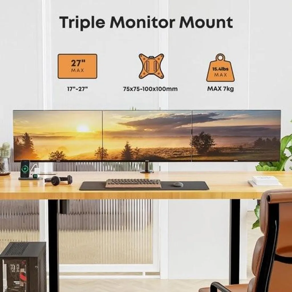 Bras de bureau pour 3 écrans - Support ergonomique écran PC portable