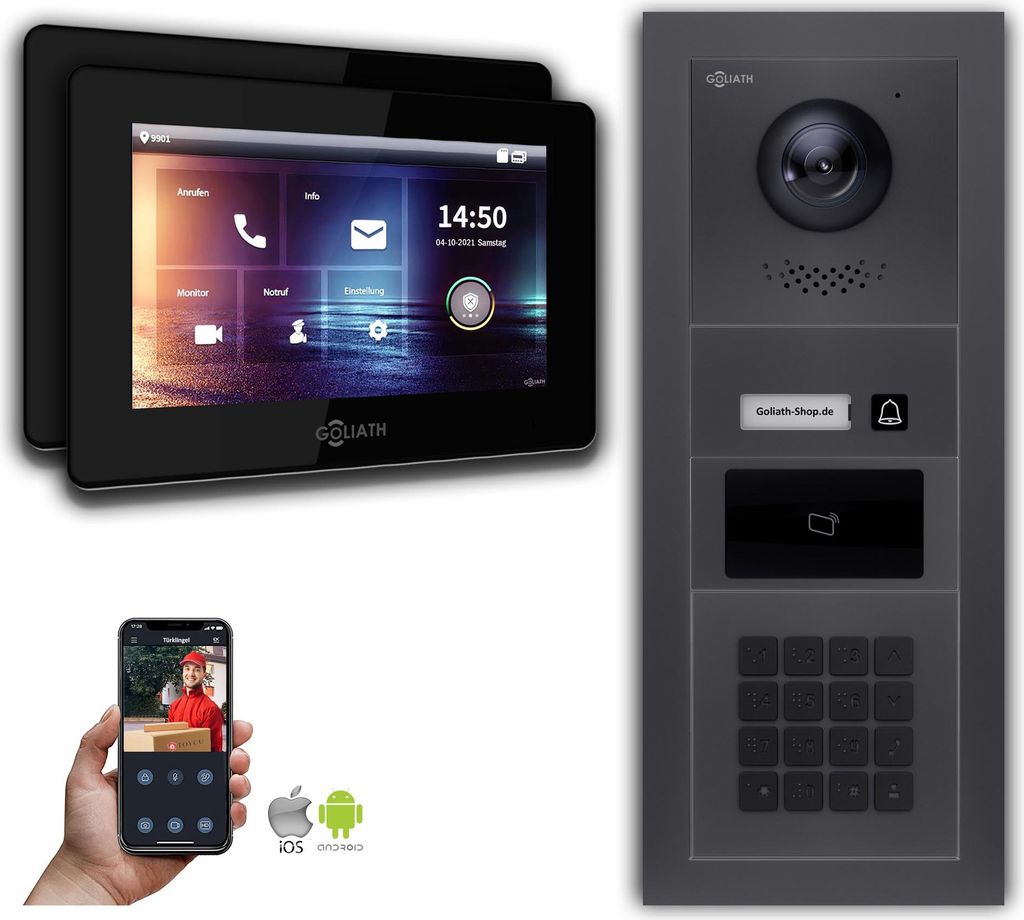 Türsprechanlage mit Kamera Goliath IP 2-Draht 2-Monitor Zahlencode RFID Anthrazit : Unterputzdose : 7 Zoll in Schwarz Türklingel Montagedose: Unt...