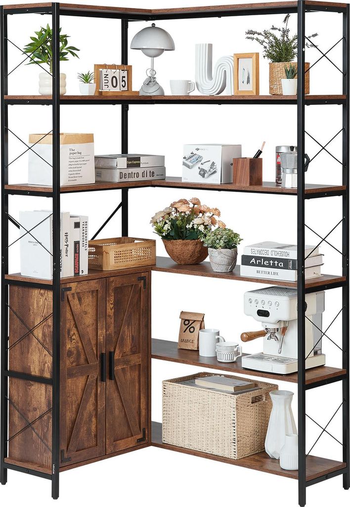A corner shelving unit with various decorative items and a coffee maker.