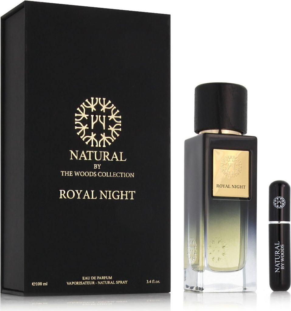 A black box and two perfume bottles are displayed against a white background.