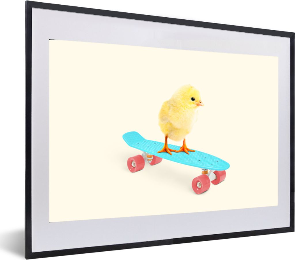 MuchoWow Gerahmtes Poster Küken - Gelb - Skateboard - Blau - Tiere 60x40 cm - Poster mit Schwarzem Bilderrahmen Wandposter Rahmen Foto Bilder - ...
