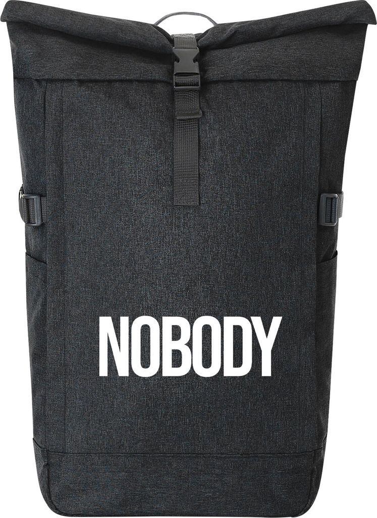 Huuraa Kurierrucksack Nobody Schriftzug 30-44 Liter Black Melange Fairtrade Rolltop Rucksack Geschenkidee