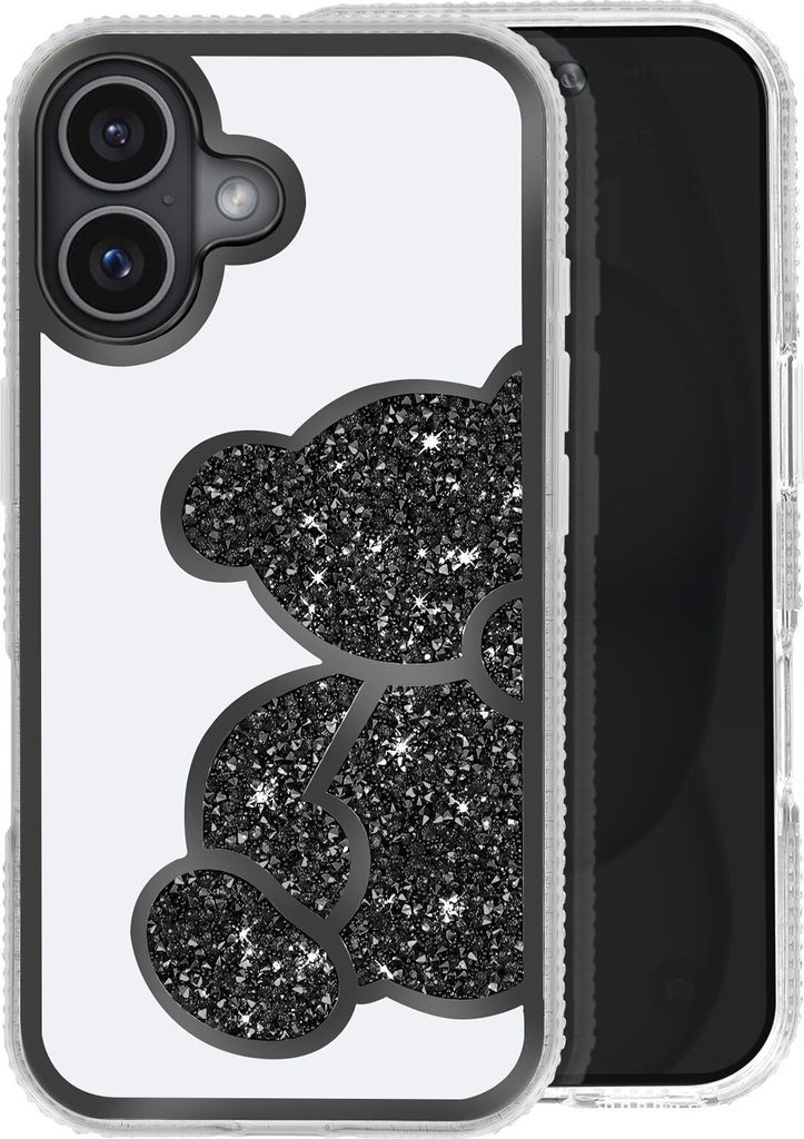 Avizar, Apple iPhone 16 Plus Glitter-Hülle mit Bärenmotiv und Strasssteinen, Schwarz