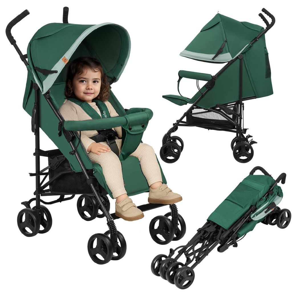 A collage of images showing a green baby stroller with a child in it, a separate view of the stroller, and a folded stroller.