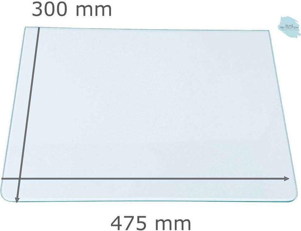 Kühlschrank Einlegeboden - Klarglas 4 mm - 2 abgerundete Ecken - 475 mm x 300 mm - (89,96 EUR / qm - Mindestbfl. 0,25 qm - Kantenb. 5,35 EUR / lfm...
