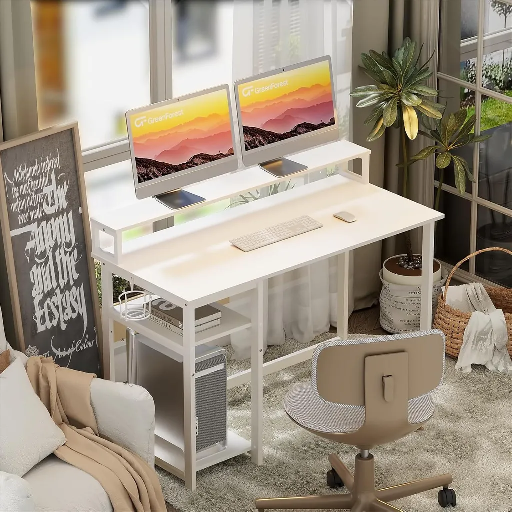 Bureau blanc avec étagère et support d'écran 100x50cm - Gamme Oslo - 7