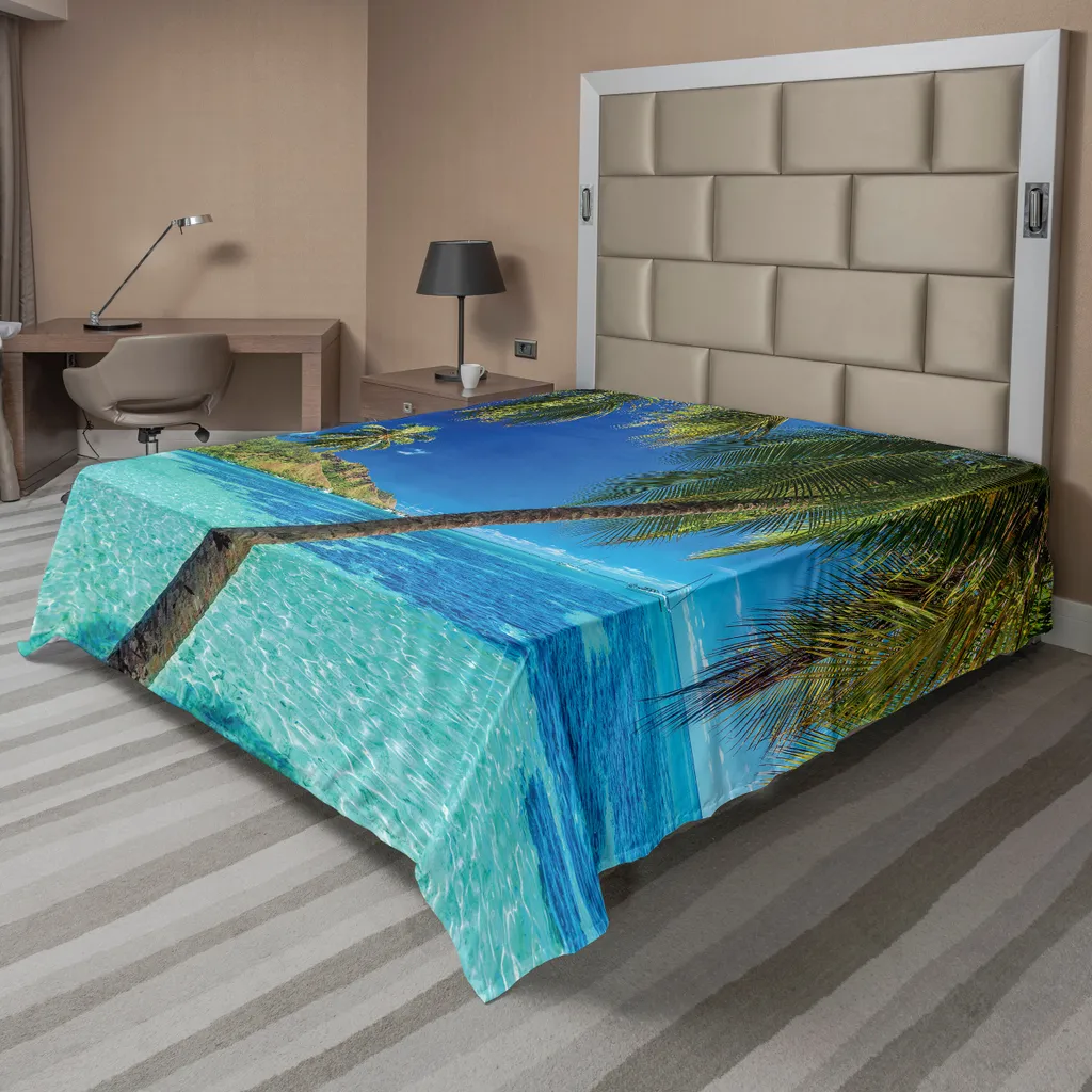 Drap de lit décoratif Île Tropicale pour chambre, 266x260 cm, Turquoise
