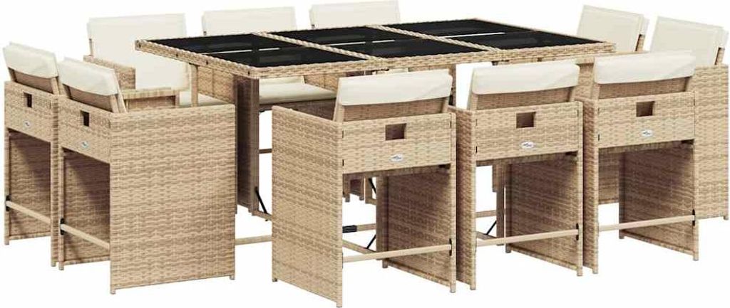 vidaXL 11-tlg. Garten-Essgruppe mit Kissen Beige Poly Rattan