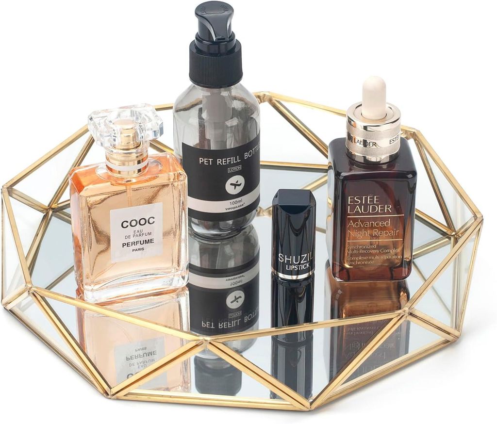 Goldener Glasspiegel – Ablage für Make-up, Parfüm und Kosmetik – Dekorativer Badezimmer-Organizer