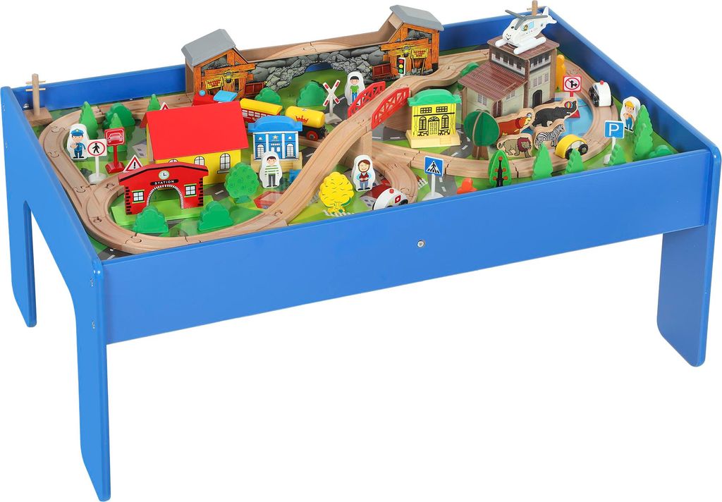 AIYAPLAY Spieltisch, 108-teiliges Eisenbahn-Set aus Holz, Holzeisenbahn mit abnehmbarer Tischplatte, Eisenbahntisch für Kinder ab 3 Jahren, Blau