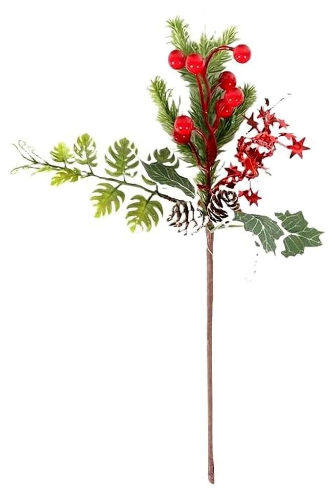 Künstliche Tannennadeln und Zweige für Weihnachten, grüne Tannenspieße mit roten Beeren, Norfolk-Kieferstiele, Bastelmaterialien, Heimdekoratio...