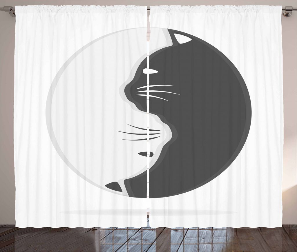 ABAKUHAUS Yin-Yang Rustikaler Vorhang, Schwarzweiss-Katzen, Wohnzimmer Universalband Gardinen mit Schlaufen und Haken, 280 x 245 cm, Blassgrau und ...