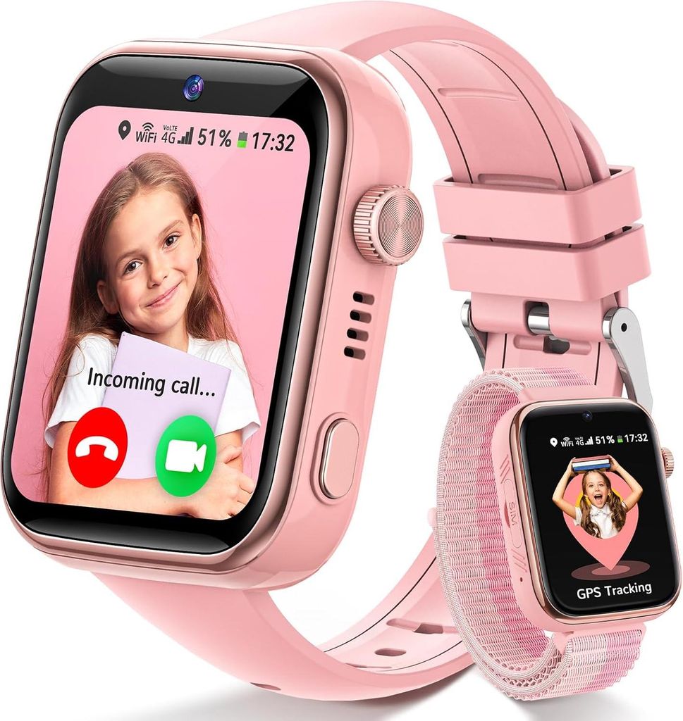 4G Smartwatch Kinder mit GPS und Telefon, Kinderuhr mit Videoanruf SOS, Schulmodus, SMS Sprachchat WhatsApp, Wecker SIM, WiFi, IP68 Wasserdicht