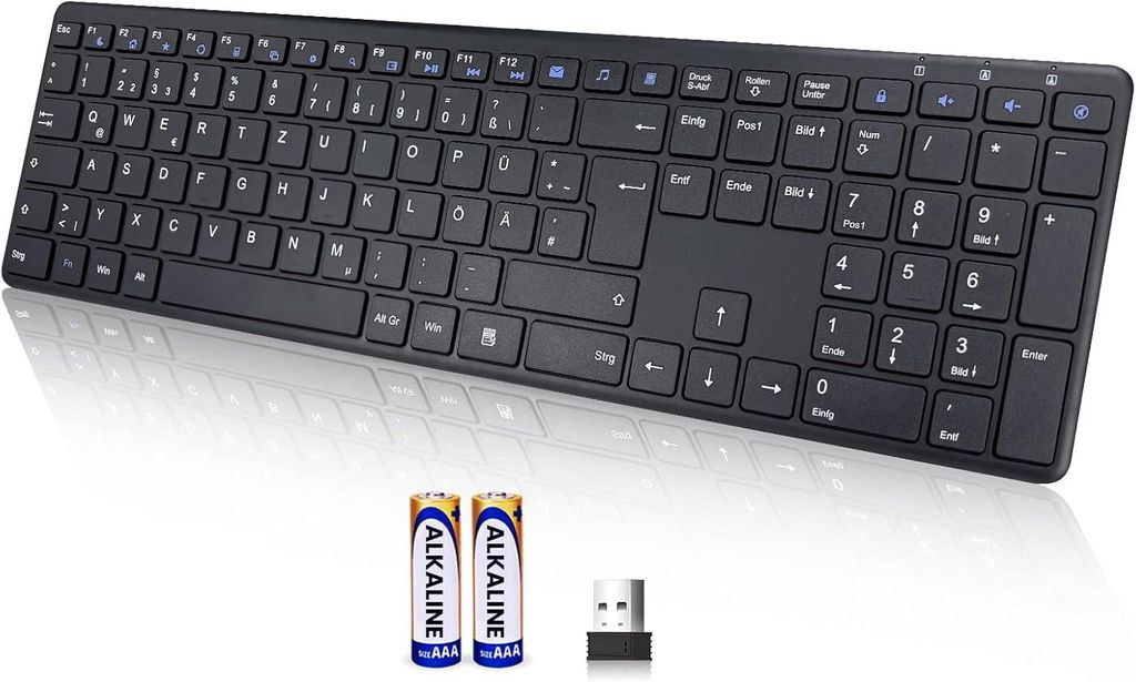 Ultraflache kabellose Tastatur Full Size, leise USB Tastatur mit 19 Multimedia-Tasten, lange Akkulaufzeit, kompatibel mit PC, Laptop, MAC,Windows,iPad